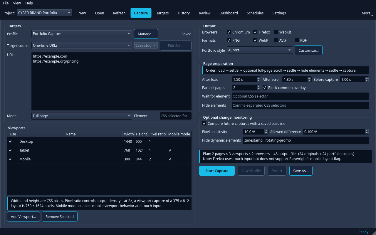 CyberSnapper Capture workspace for creating portfolio screenshots across desktop, tablet, and mobile