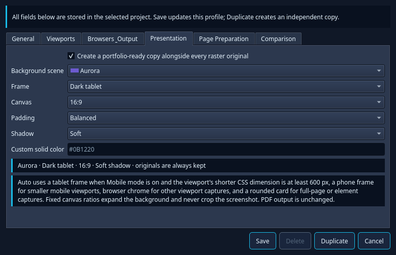 CyberSnapper Presentation profile editor with scene, frame, canvas, padding, and shadow controls