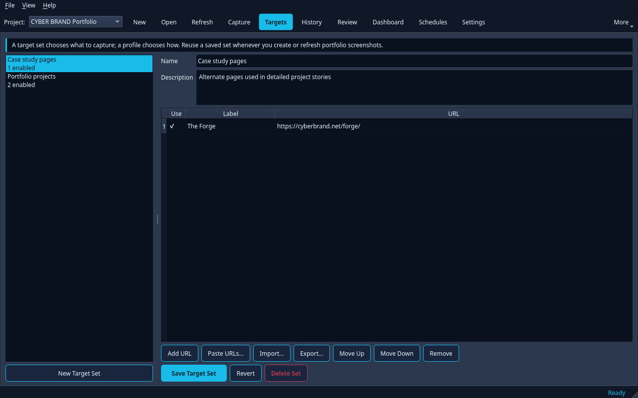 CyberSnapper Target Sets workspace